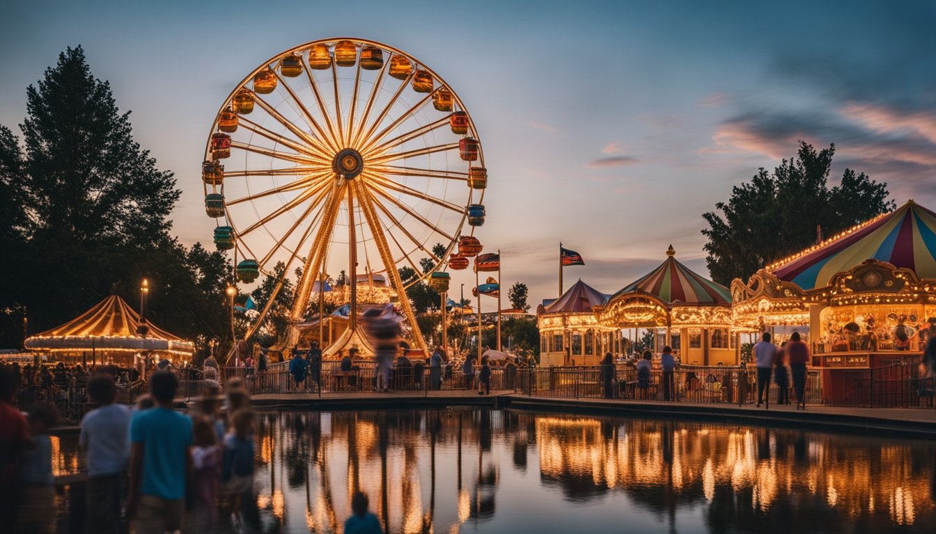 Colorful Ferris wheel and carousel by the lake, with families enjoying ice cream and playing mini-golf. Sun setting behind charming shops and restaurants lining the boardwalk