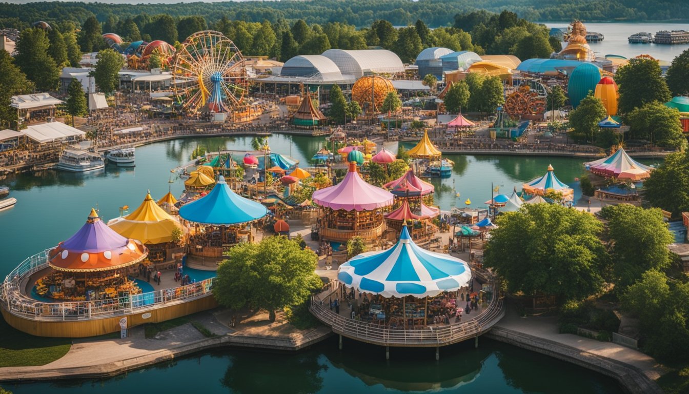 A vibrant lakeside town with colorful amusement park rides, waterfront activities, and lively outdoor events