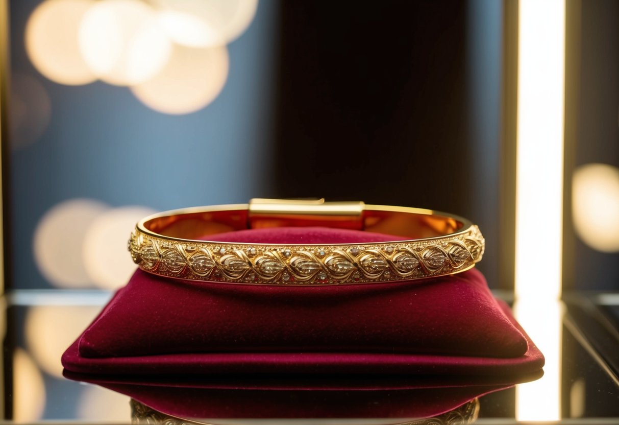 A 14k gold bracelet displayed on a velvet cushion in a sleek glass case, with soft lighting highlighting its intricate design and luxurious shine