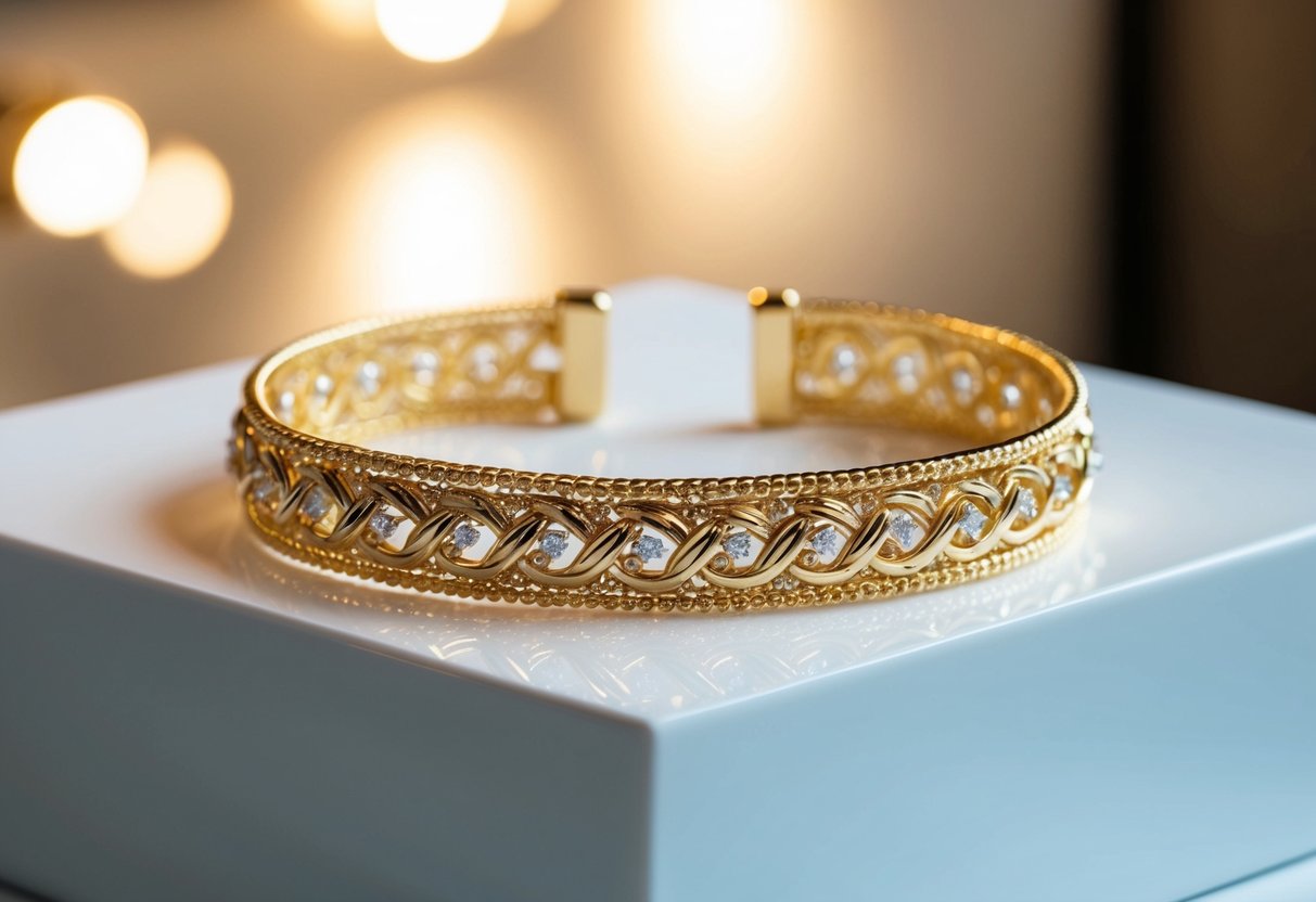 A 14k gold bracelet displayed on a clean, white surface with soft lighting, showcasing its intricate design and delicate craftsmanship