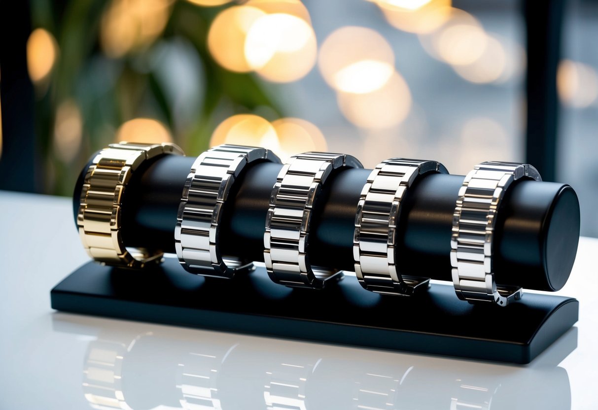 A collection of personalized men's silver bracelets arranged on a sleek black display stand, catching the light and reflecting a polished shine