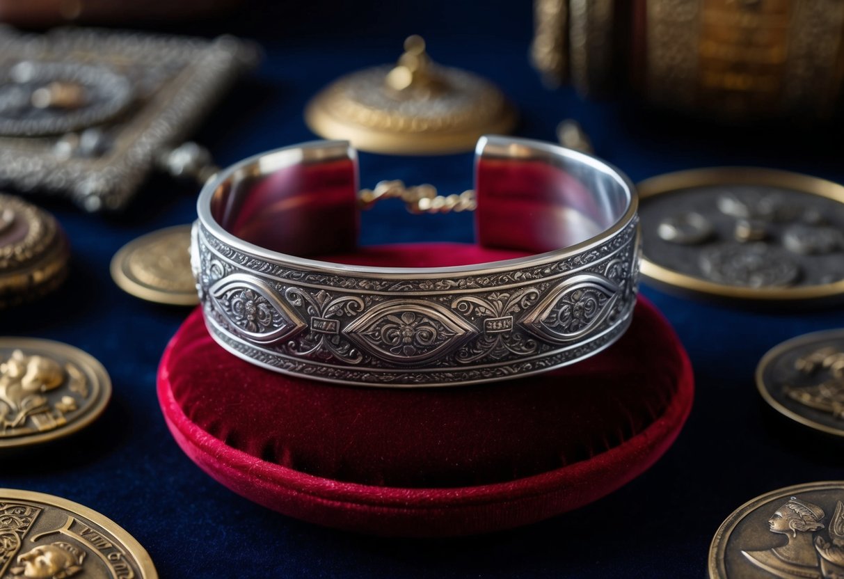 A silver bracelet with intricate engravings rests on a velvet cushion, surrounded by historical artifacts and symbols of masculinity