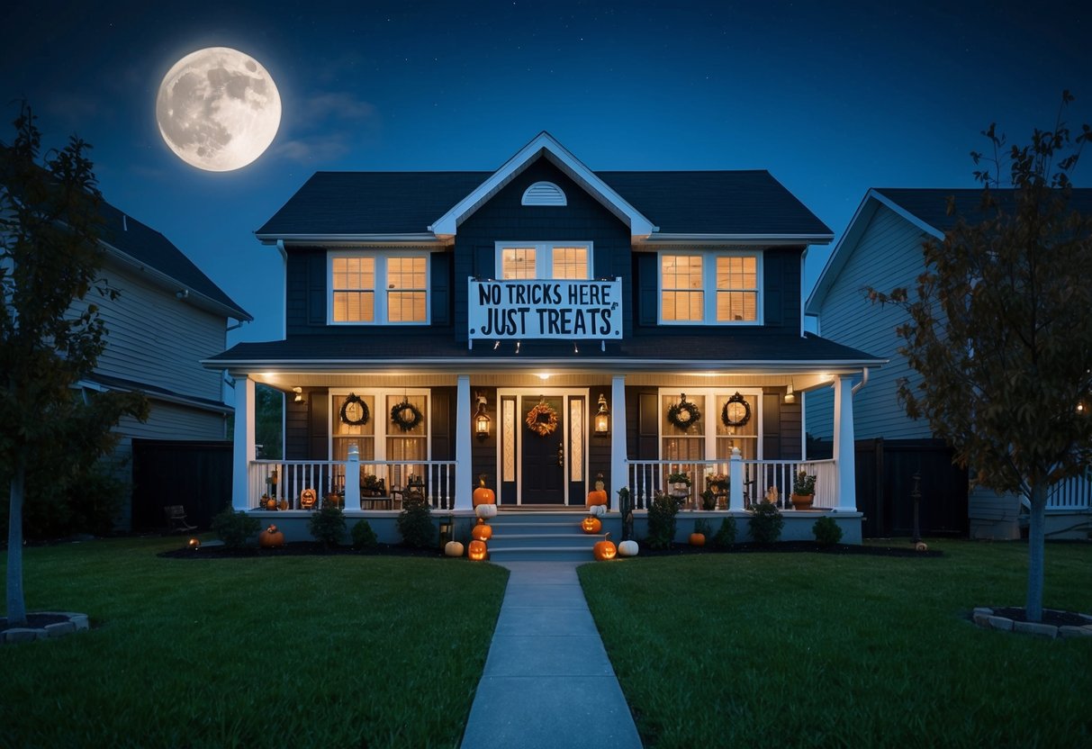 A dark, moonlit house with a well-lit front porch and yard. The windows are covered in spooky decorations, and a sign reads "No Tricks Here, Just Treats." The yard is free of any potential projectiles