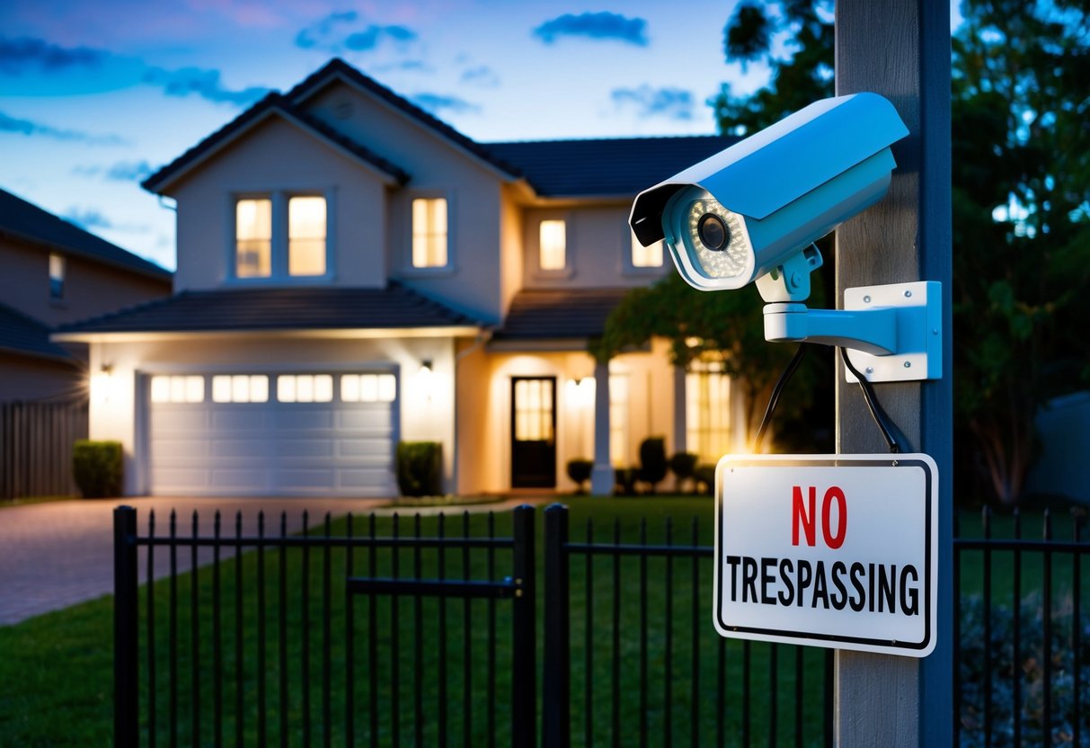 A well-lit house with a security camera and "No Trespassing" sign. Motion-activated lights and a sturdy fence around the property