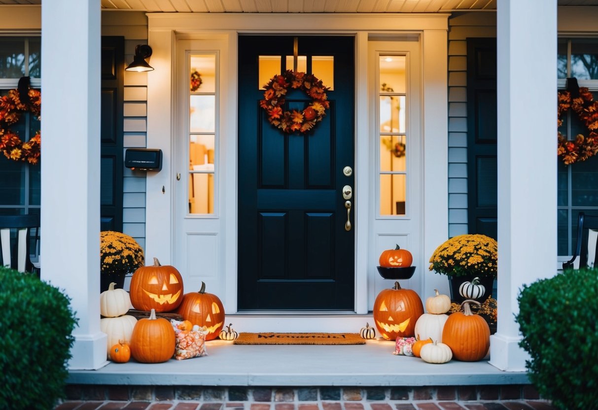 A well-lit porch with carved pumpkins, festive decorations, and a bowl of candy. Motion-activated lights and a security camera mounted above the front door