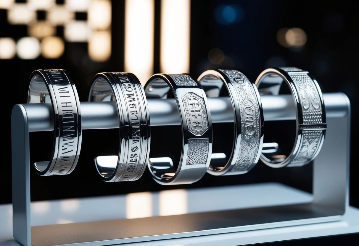 A collection of personalized men's silver bracelets displayed on a sleek, modern jewelry stand, catching the light and showcasing intricate engravings and unique designs