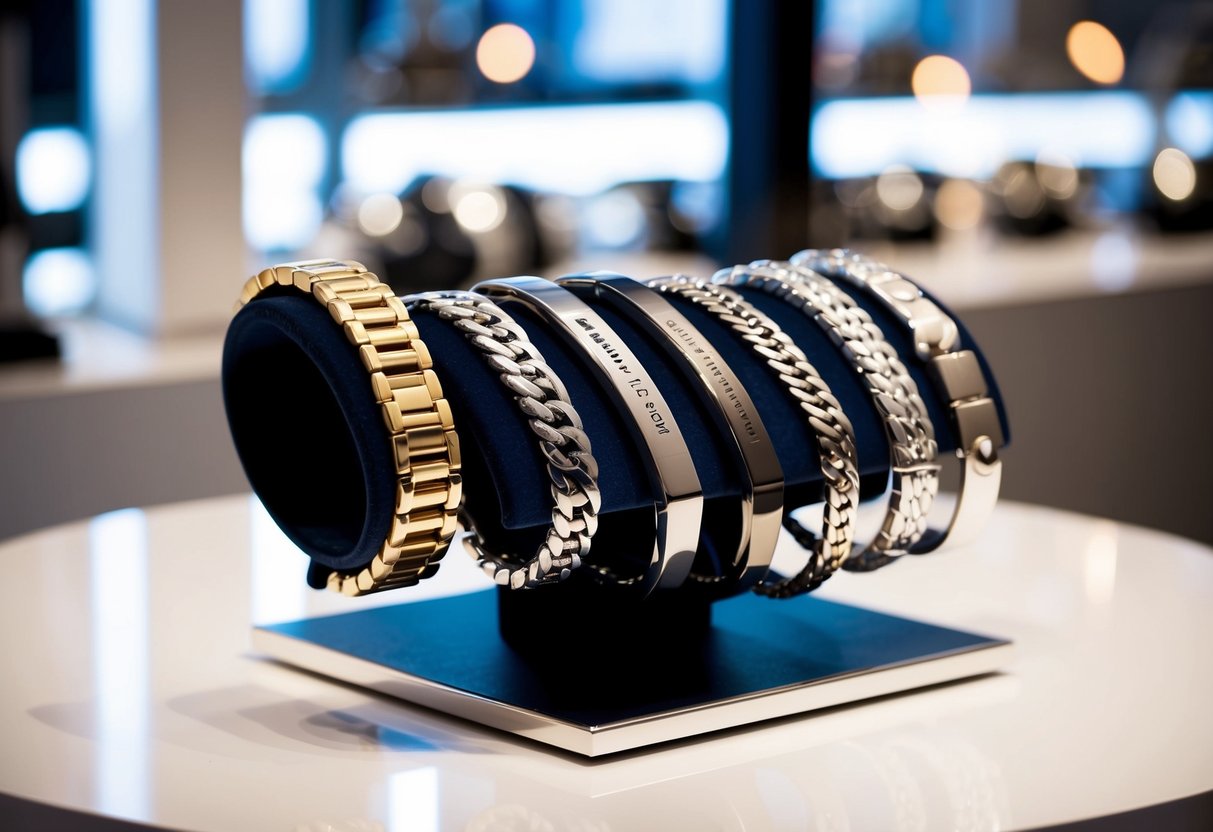 A variety of personalized men's silver bracelets displayed on a sleek, modern display stand