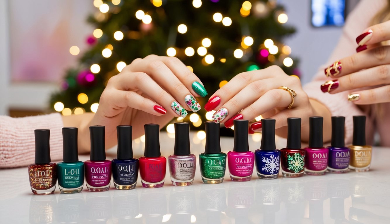 A festive nail salon with twinkling lights and colorful polish bottles displayed. A manicurist carefully applies intricate holiday designs to nails