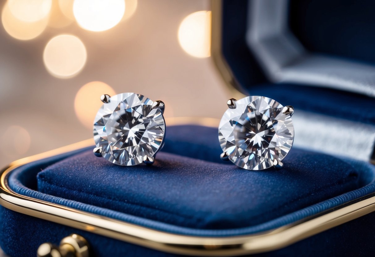 Two sparkling 1 carat diamond earrings displayed on a velvet cushion in a glass jewelry case, with soft lighting enhancing their brilliance