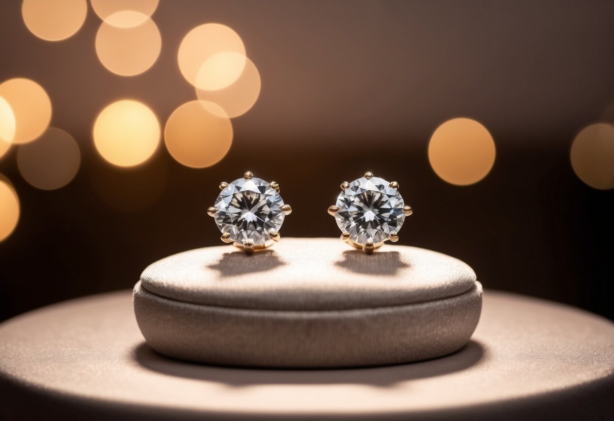 A pair of custom 1 carat diamond earrings displayed on a velvet cushion under soft, warm lighting. The diamonds sparkle and catch the light, showcasing their brilliance and elegance