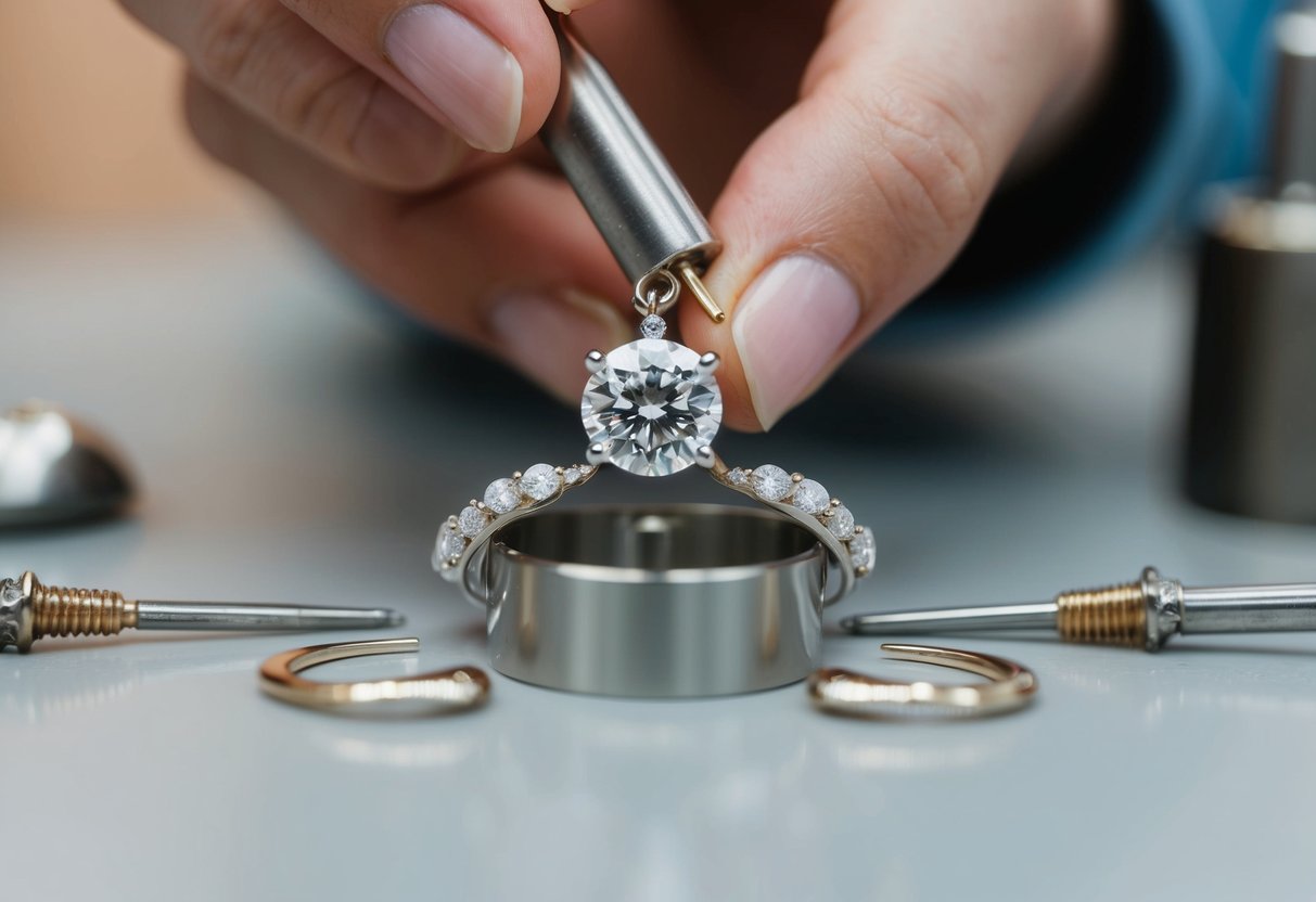 A jeweler carefully setting a sparkling 1 carat diamond into a custom earring design, surrounded by delicate metalwork and intricate details