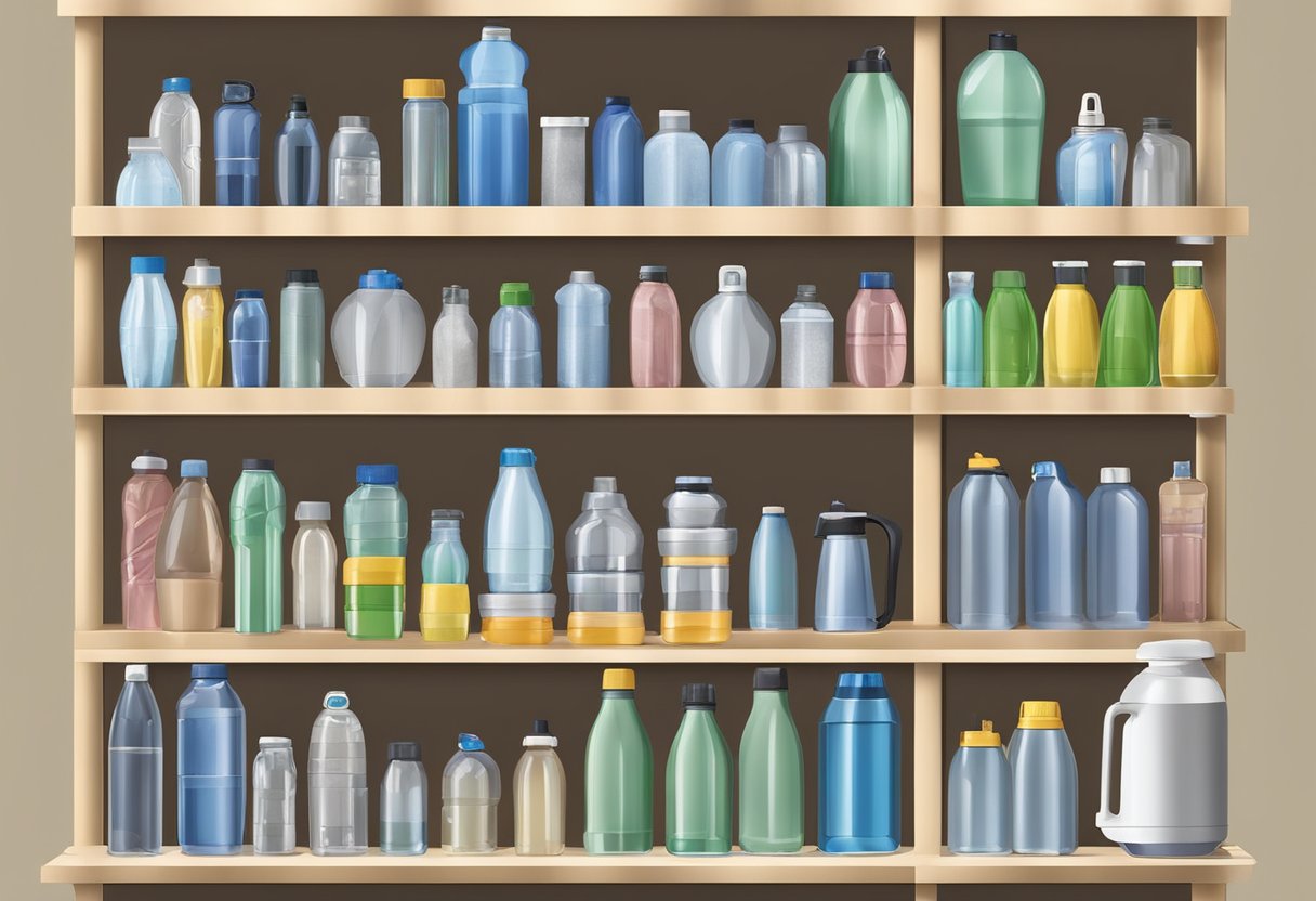 A variety of reusable water bottles featuring different materials, shapes, and technologies, such as filtration systems and insulation, displayed on a shelf