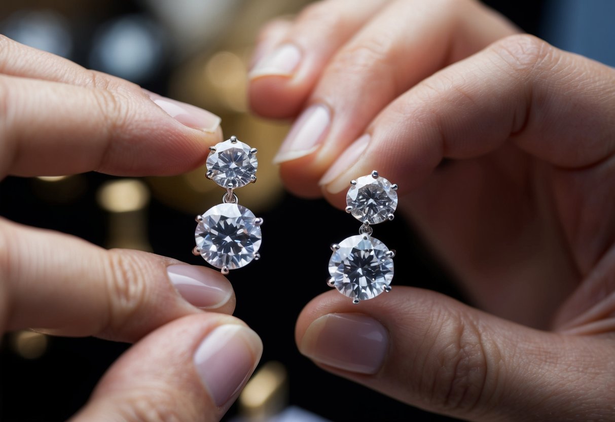 A jeweler carefully selects and sets two sparkling 1 carat diamonds into a pair of elegant earrings, meticulously crafting each delicate detail