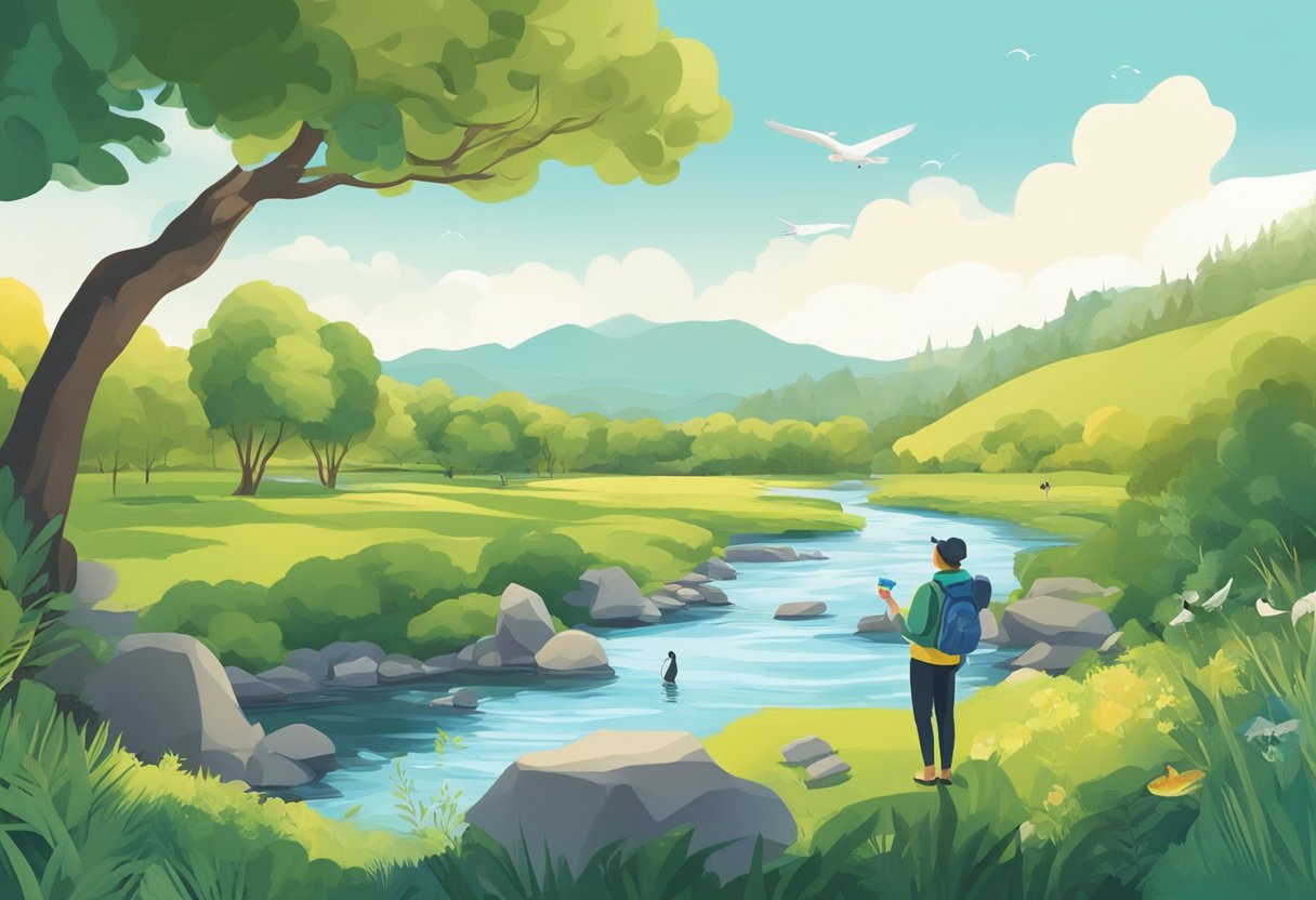 A lush green landscape with a flowing river, surrounded by diverse wildlife and a clear blue sky. A person is filling up a reusable water bottle from the river