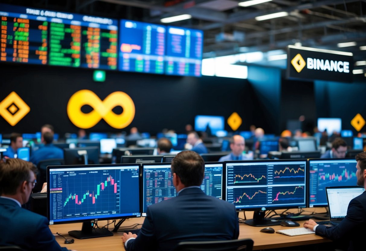 A bustling trading floor with digital screens displaying real-time market data, traders making quick transactions, and the Binance logo prominently visible