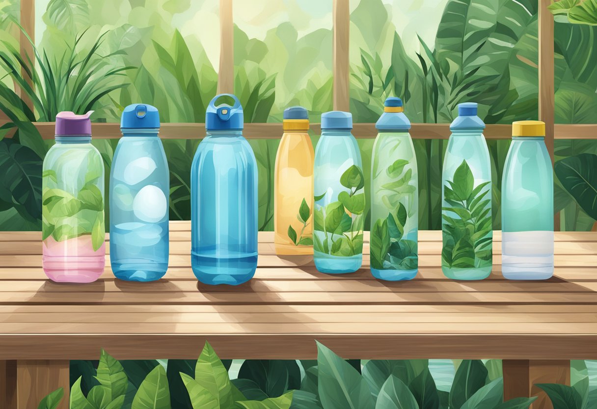 A variety of reusable water bottles arranged on a sustainable wooden table, surrounded by lush green plants and filled with fresh, clean water