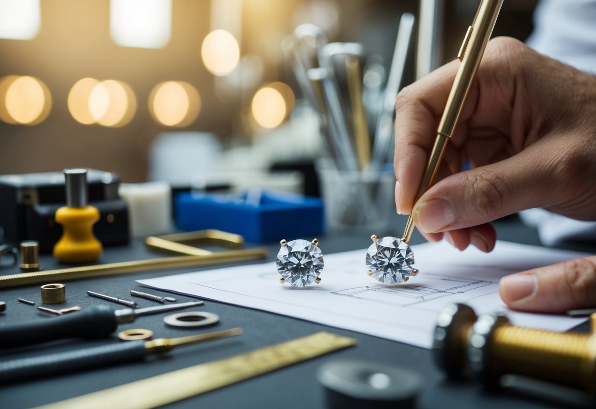 A jeweler carefully measures and sketches a design for 1 carat diamond earrings, surrounded by various tools and materials