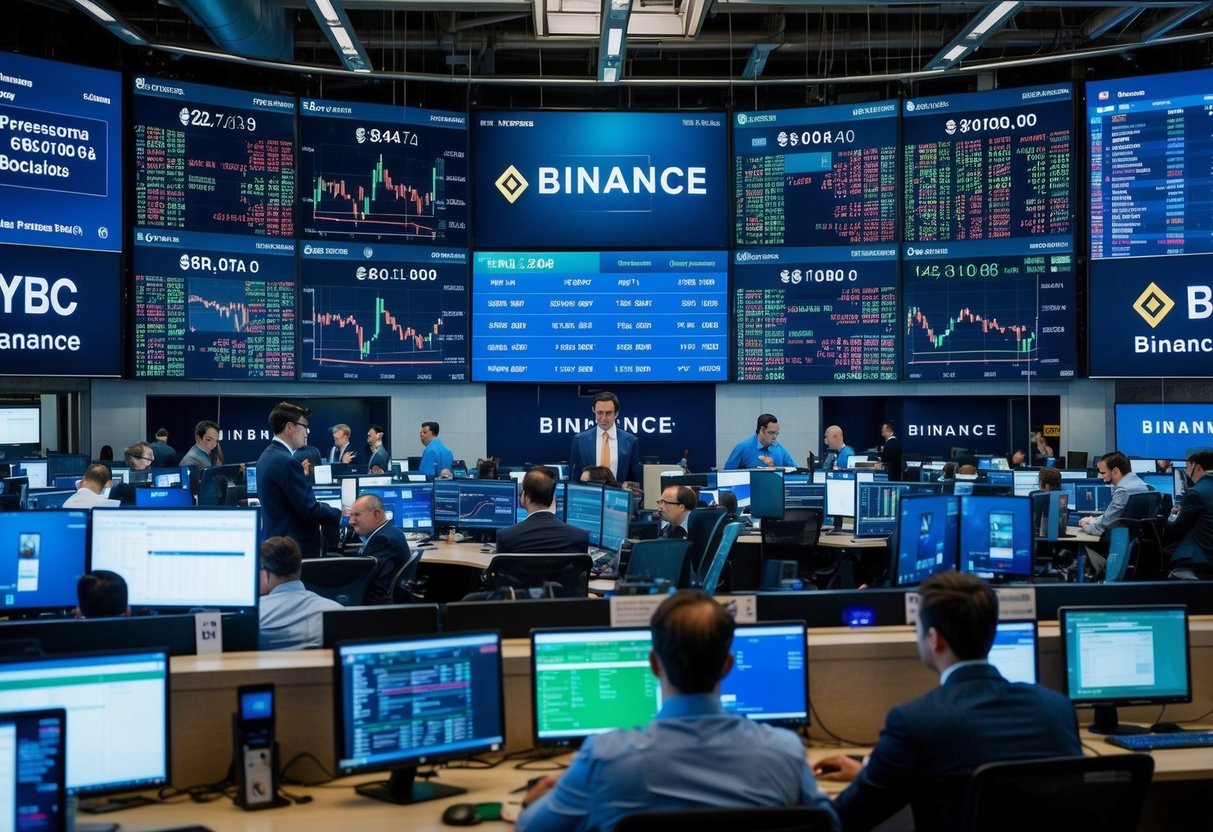 A bustling trading floor with digital screens displaying cryptocurrency data, while traders communicate and execute transactions at Binance headquarters