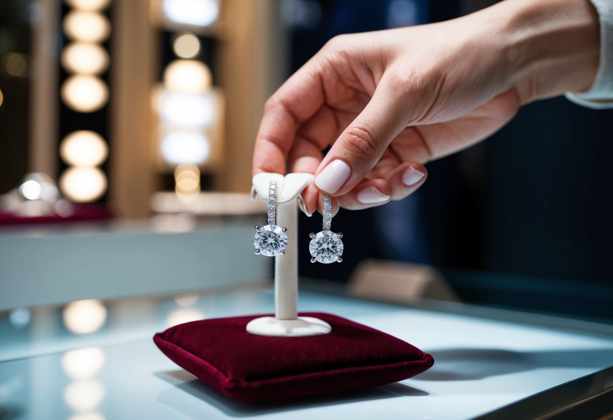 A hand reaching out to purchase custom 1 carat diamond earrings, displayed on a velvet cushion in a jewelry store