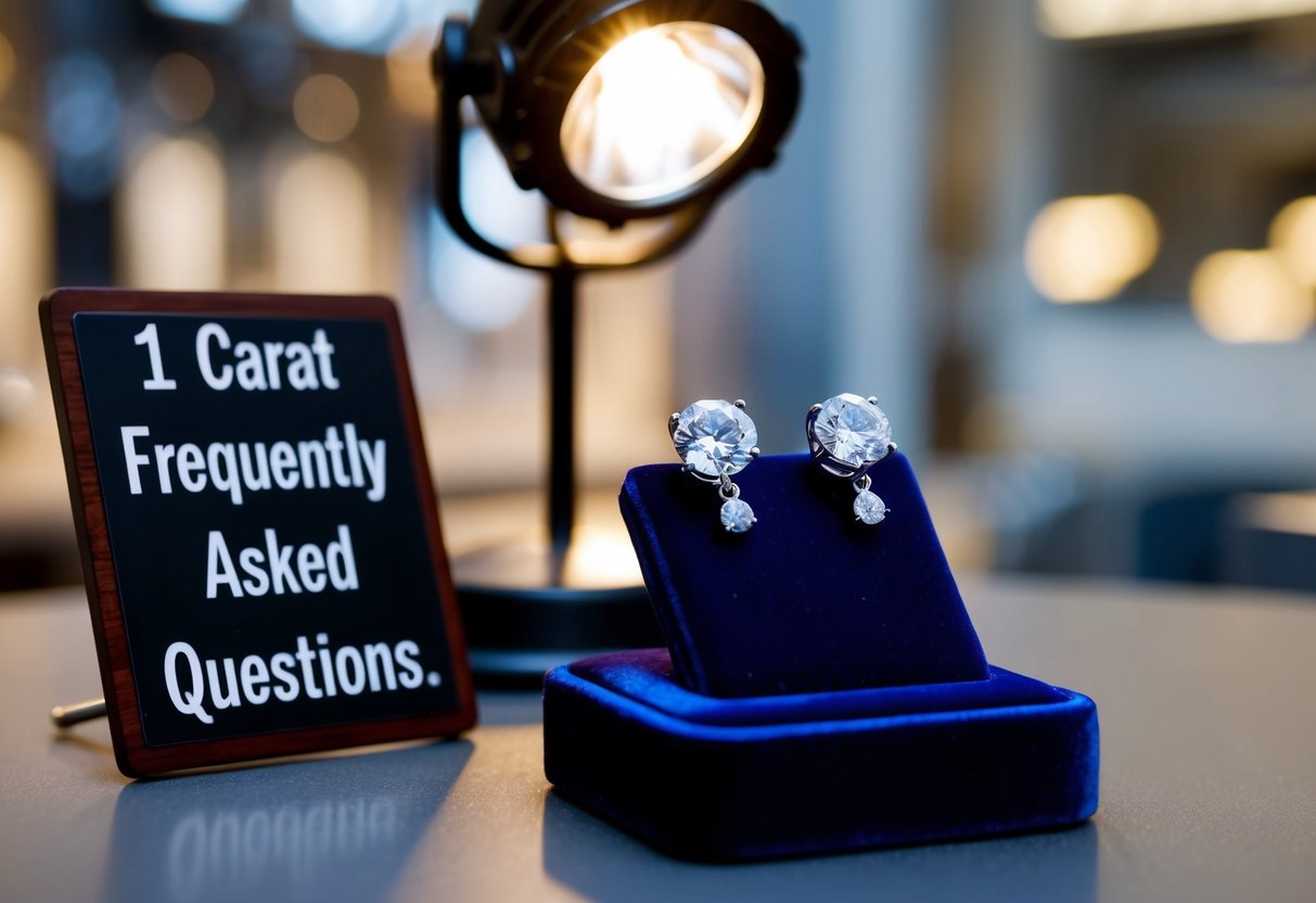 A pair of 1 carat diamond earrings displayed on a velvet cushion with a spotlight highlighting their brilliance. A sign nearby reads "Frequently Asked Questions."