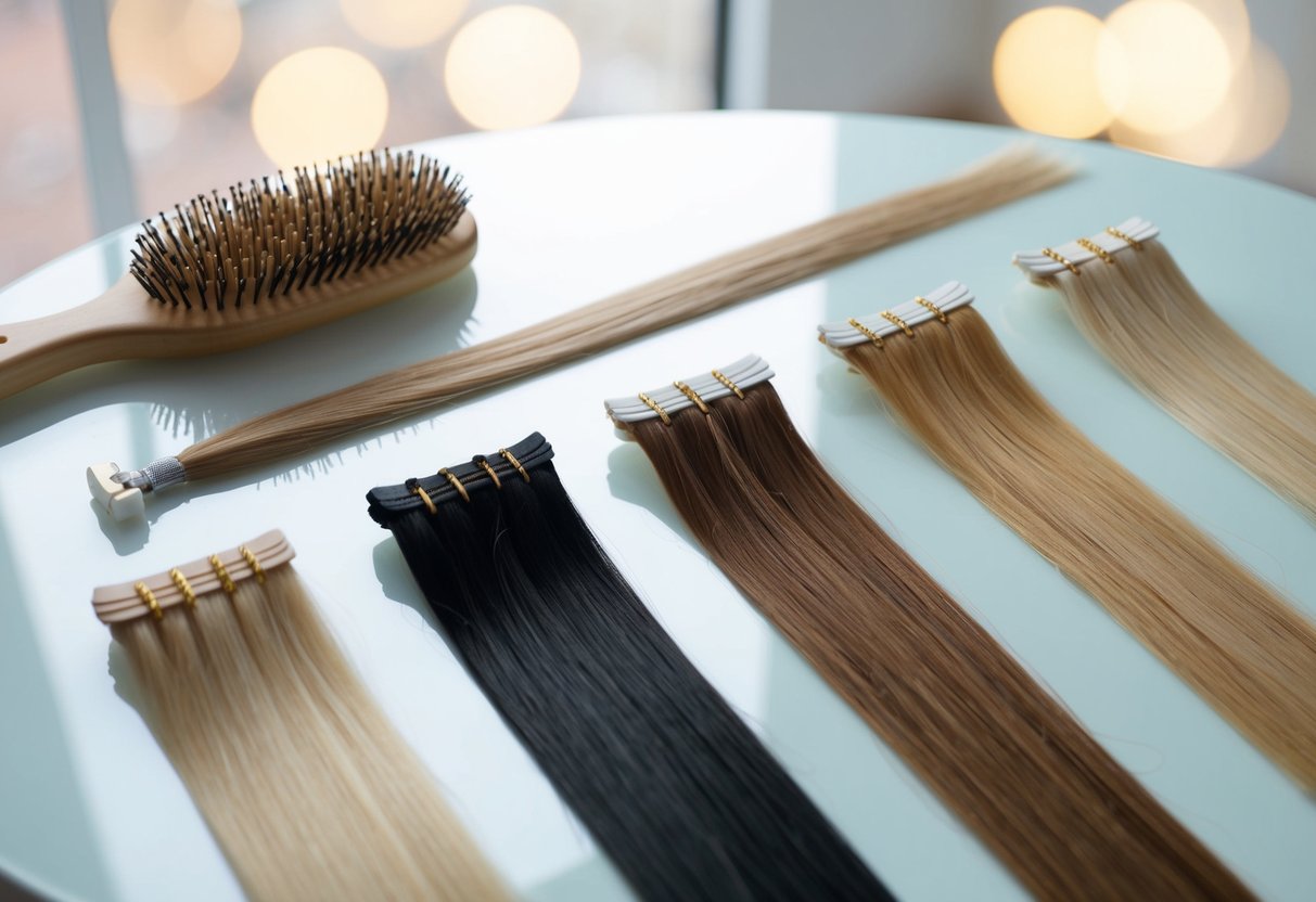 A hairbrush and adhesive hair extensions laid out on a clean, flat surface. The extensions are neatly arranged in different colors and lengths for selection