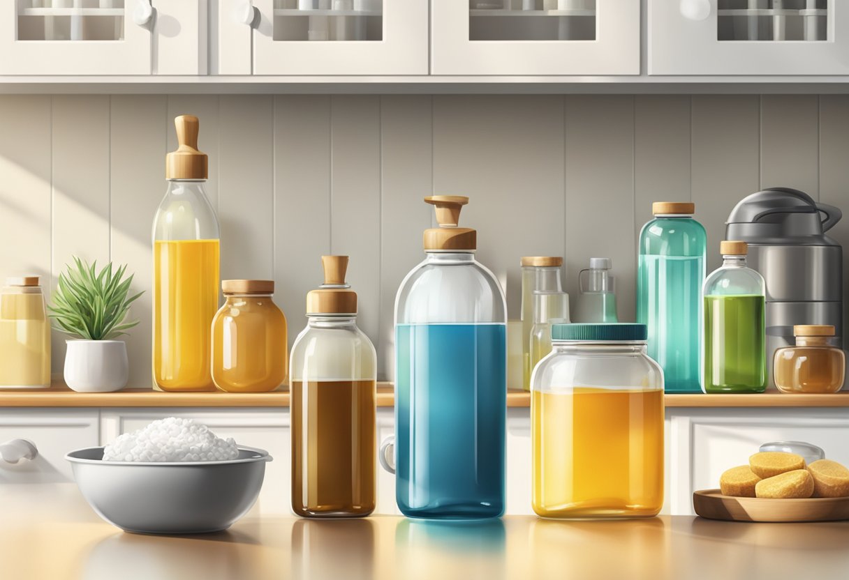 A sunny kitchen counter displays a variety of glass bottles and jars filled with natural cleaning products like vinegar, baking soda, and essential oils