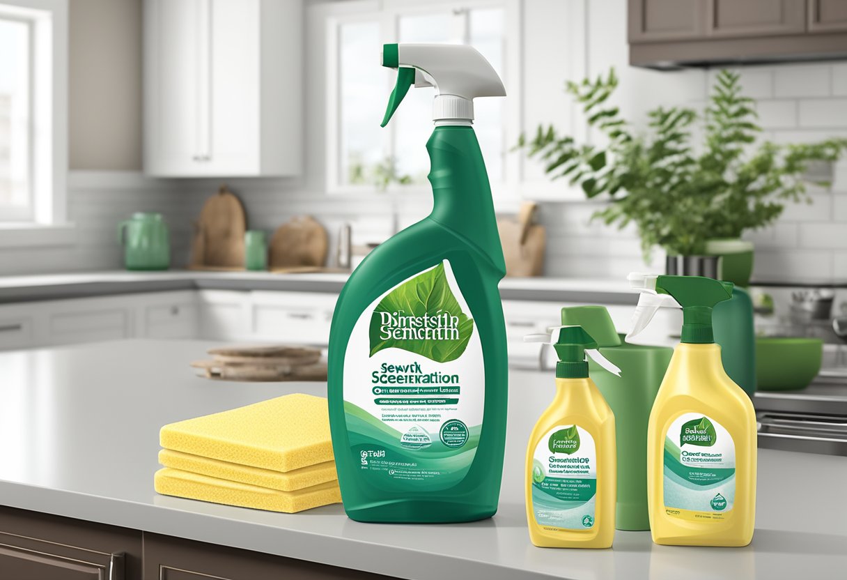 A spray bottle of Seventh Generation Disinfecting Multi-Surface Cleaner sits on a kitchen counter next to a sponge and a pile of dirty dishes