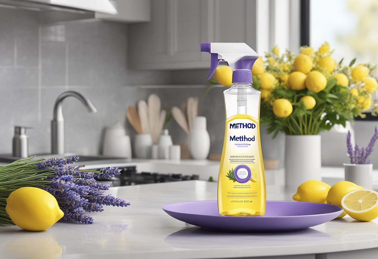 A bottle of Method All-Purpose Cleaner sits on a sparkling countertop surrounded by fresh lemons, a bouquet of lavender, and a stack of clean dishes