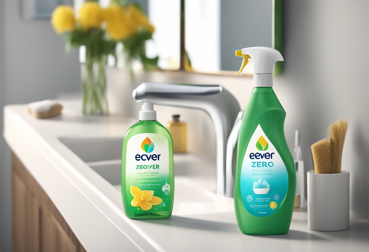 A sparkling bathroom with Ecover Zero Bathroom Cleaner on the sink, surrounded by natural cleaning products