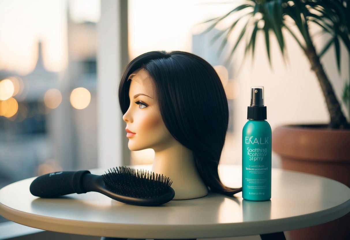 A woman's wig sits on a table next to a bottle of soothing scalp spray and a soft brush