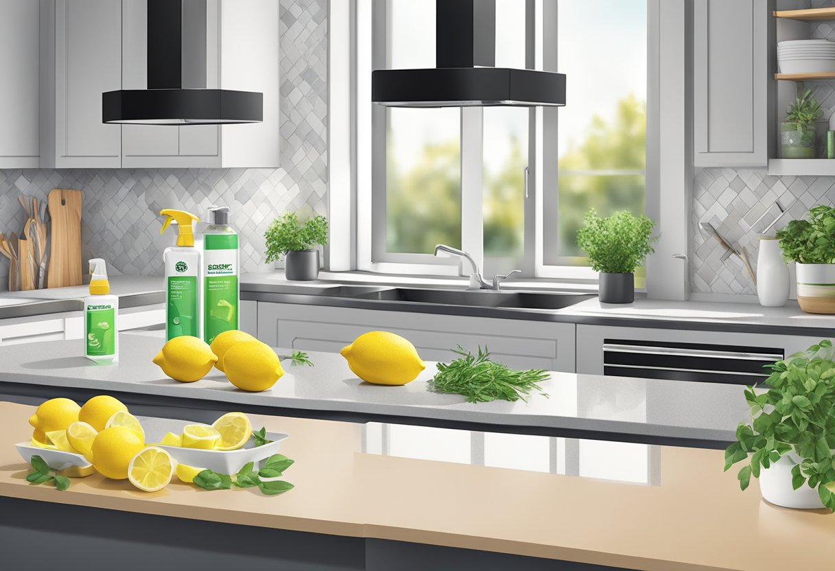 A sparkling kitchen counter with a spray bottle of Better Life All-Purpose Cleaner and a pile of fresh lemons and herbs nearby