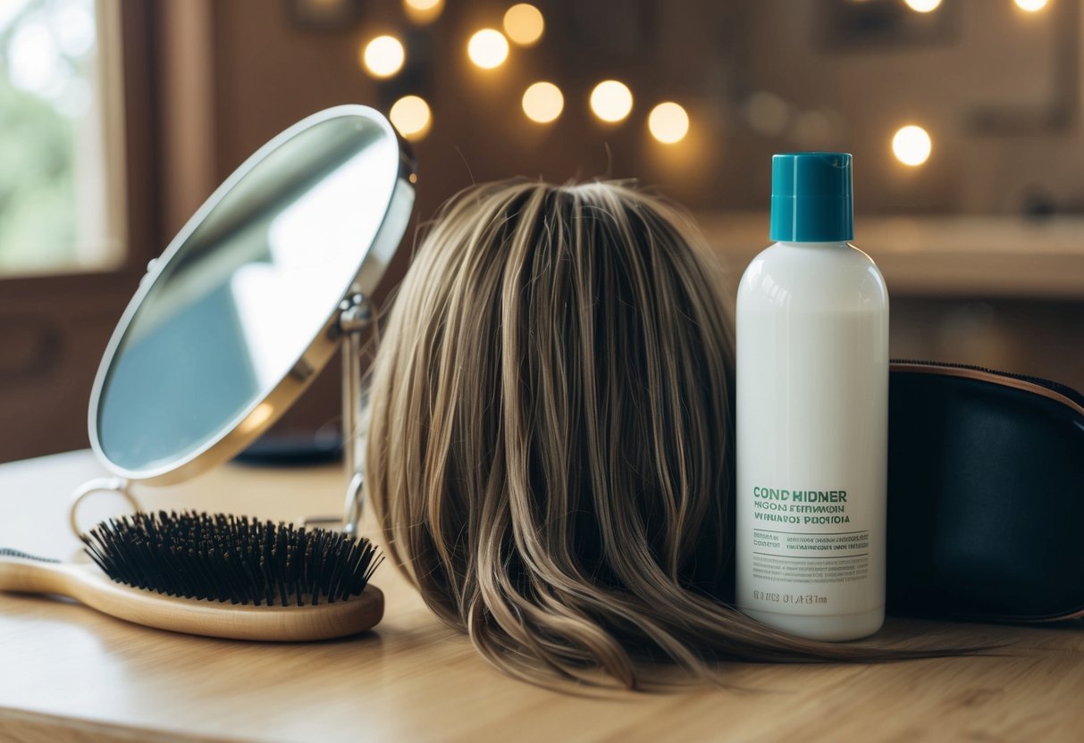 A wig with loose strands lies on a hairbrush next to a bottle of conditioner and a hand mirror