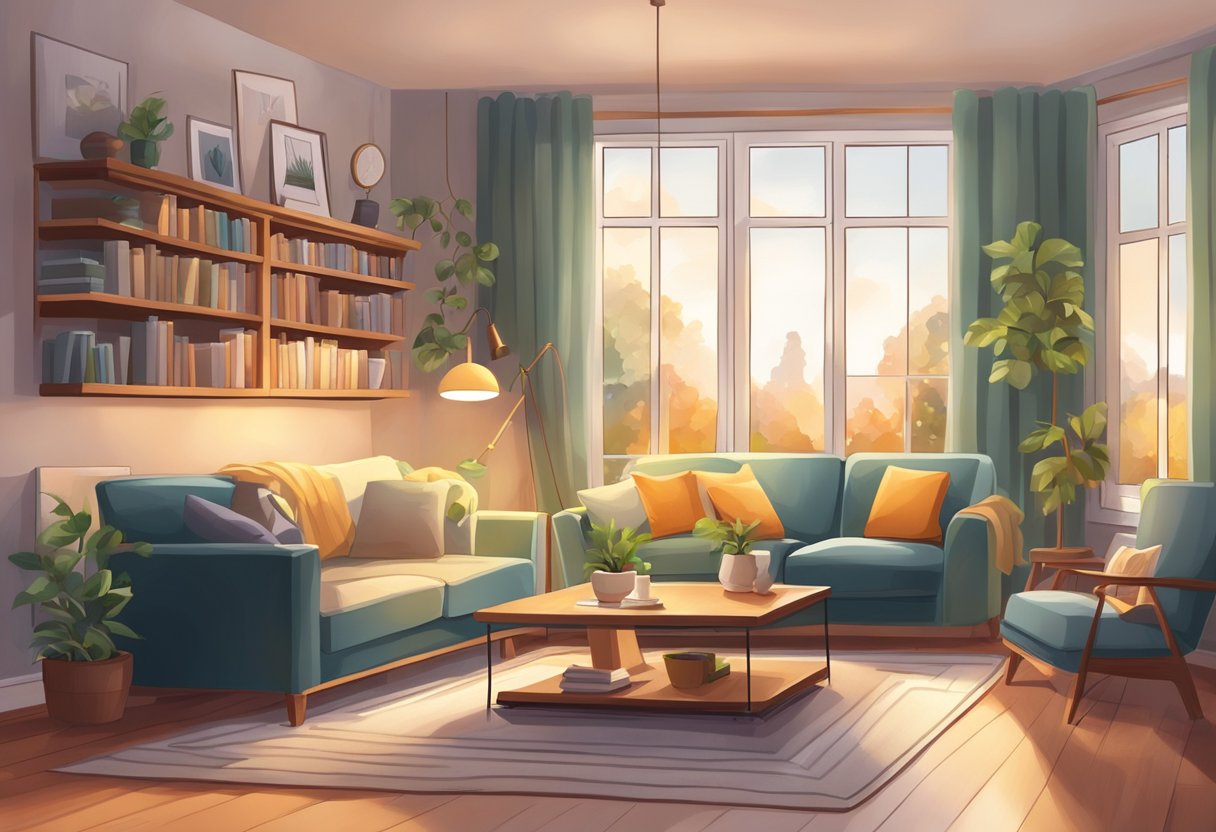 A cozy living room with energy-saving bulbs casting warm, soft light on a bookshelf and comfortable seating