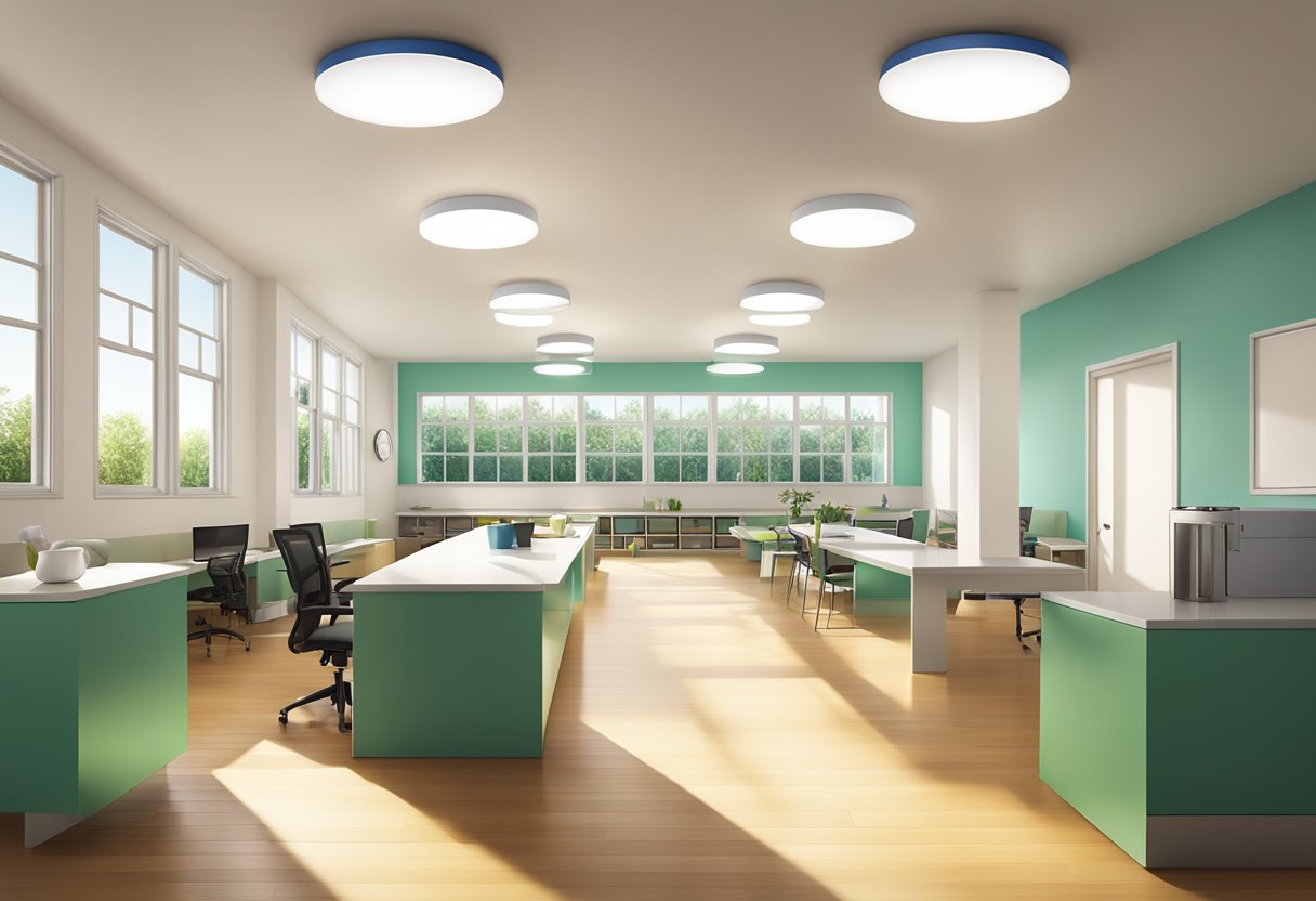 A bright, well-lit room with EcoSmart LED Daylight bulbs in various fixtures, casting a crisp, white light across the space