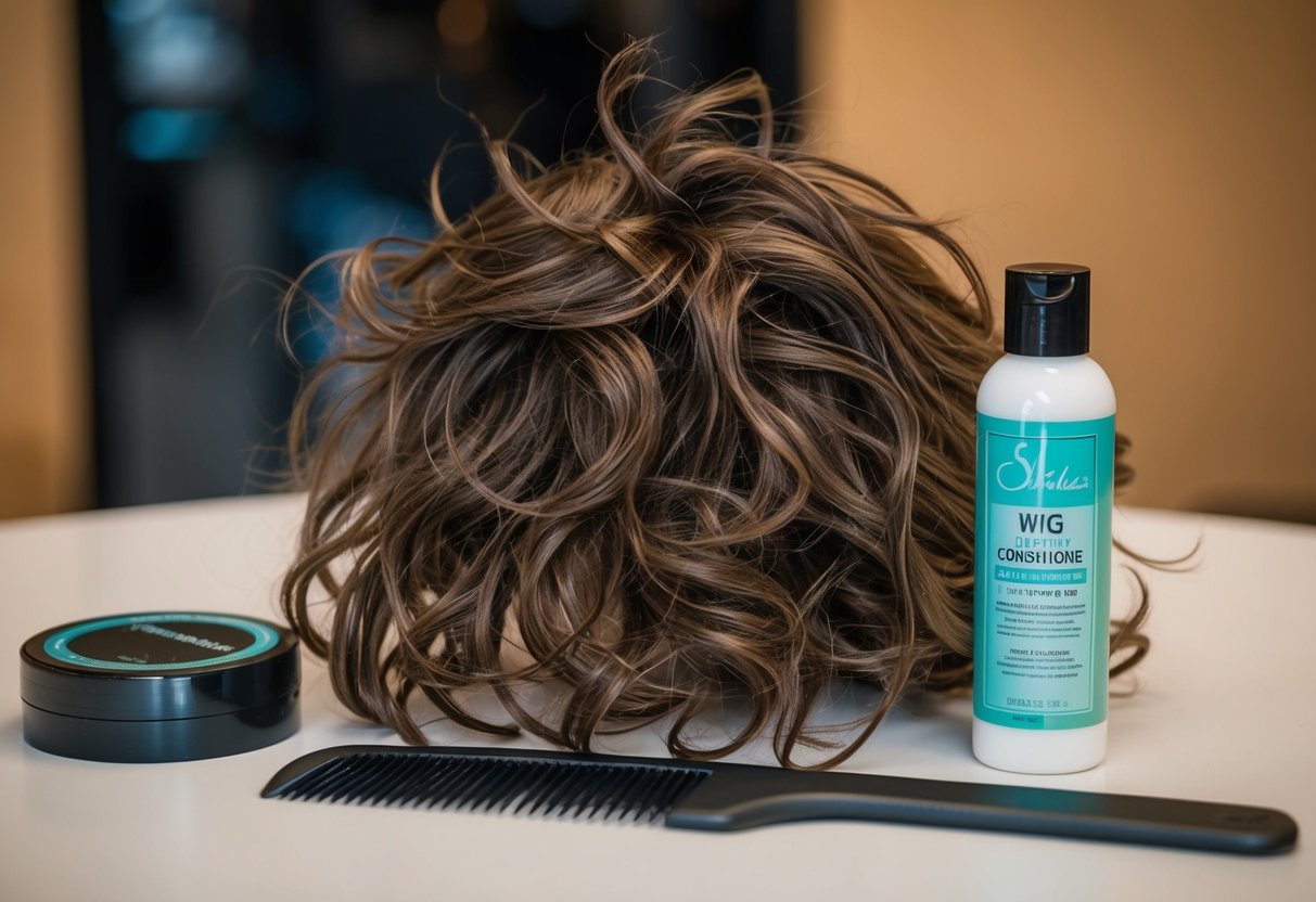 A wig sits on a table, tangled and frizzy. A bottle of wig conditioner and a wide-tooth comb are nearby