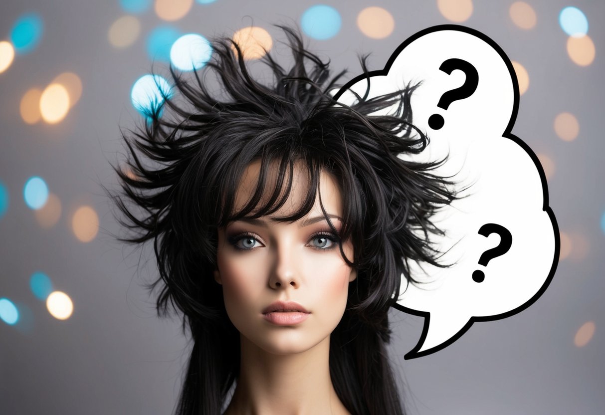 A wig with frizzy strands, surrounded by question marks in a speech bubble