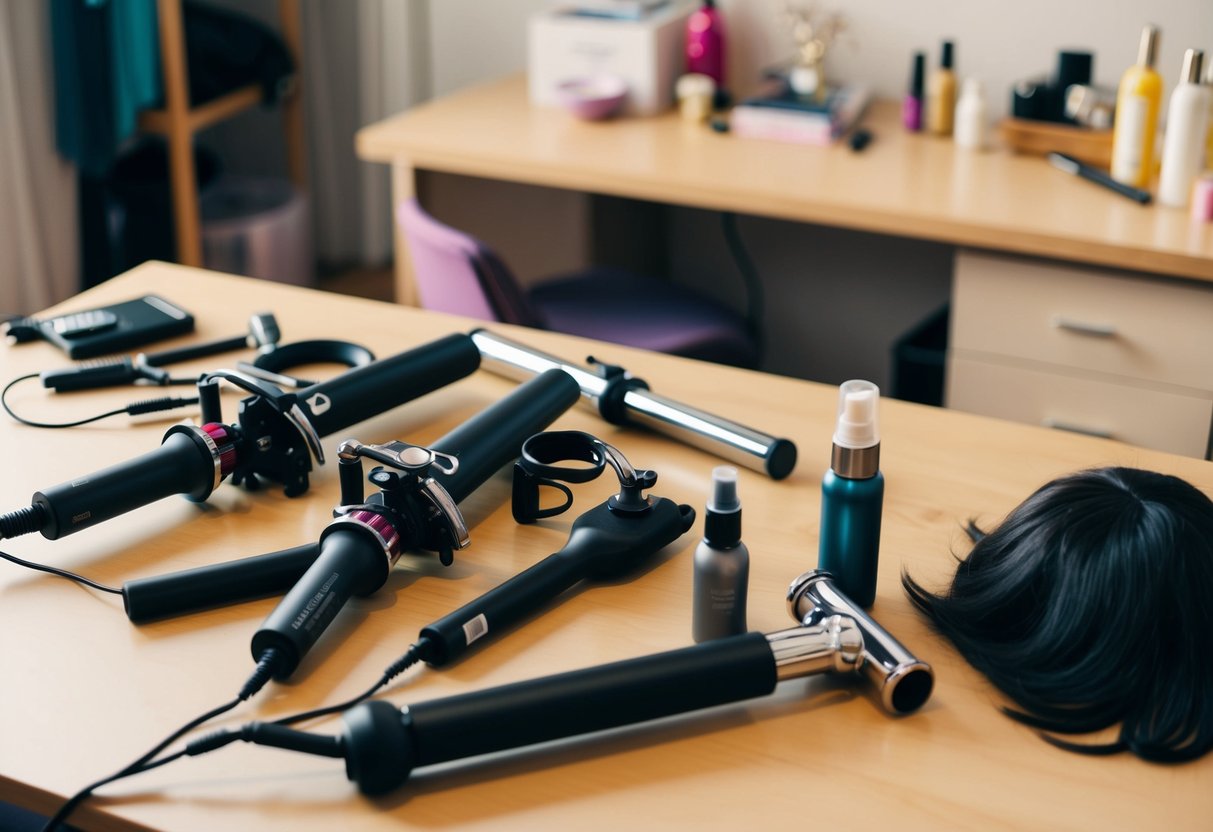 A table with various curling tools laid out, including curling irons, rollers, and styling products. A wig sits nearby, appearing straight and uncurled