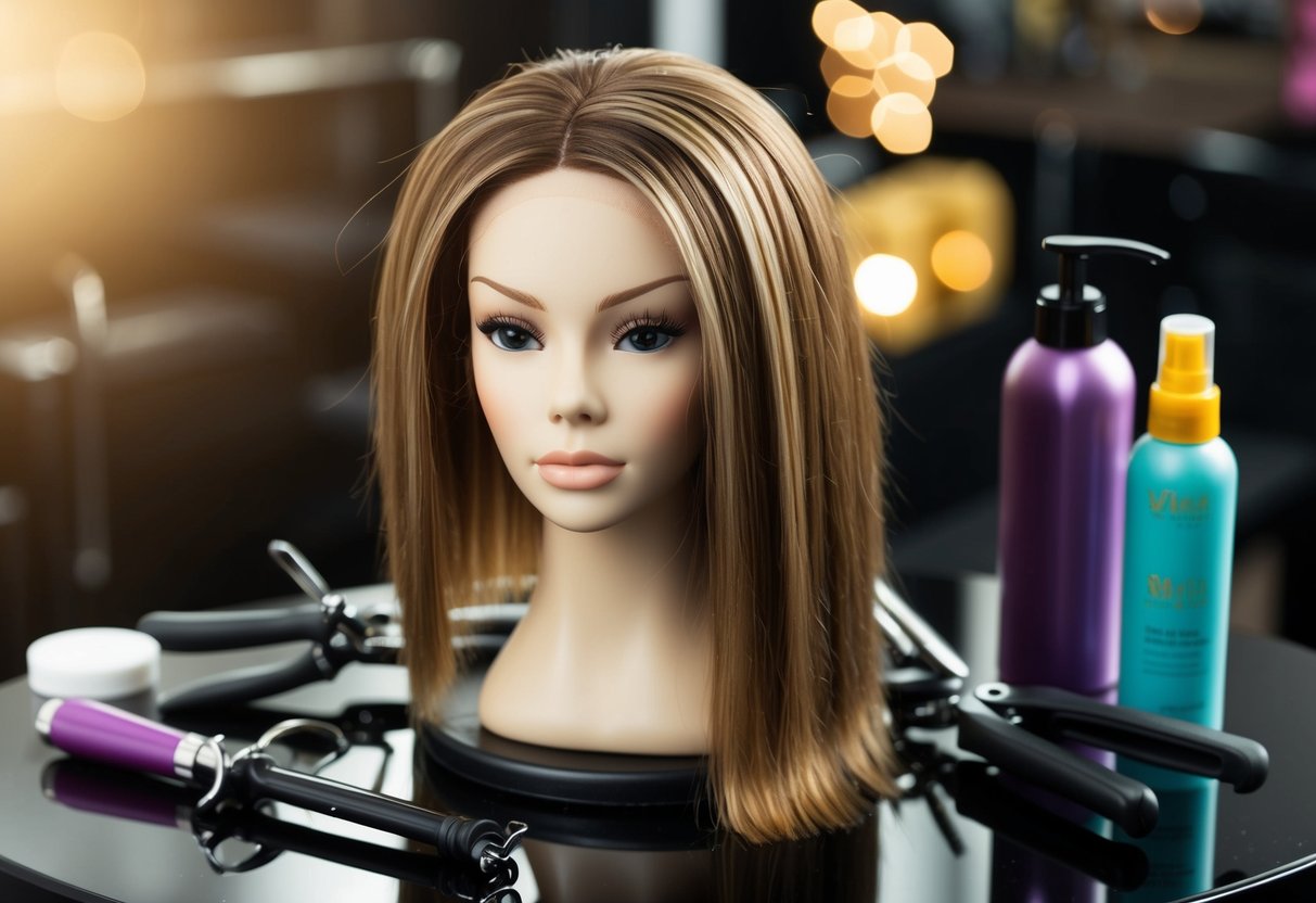 A wig sits on a styling head, surrounded by curling tools and products. The wig's straight strands refuse to hold a curl despite multiple attempts