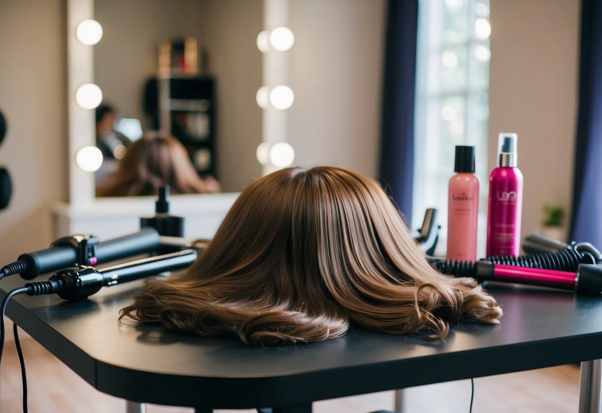 A wig lies flat on a table, surrounded by curling irons and hair products. The room is well-lit, with a mirror in the background