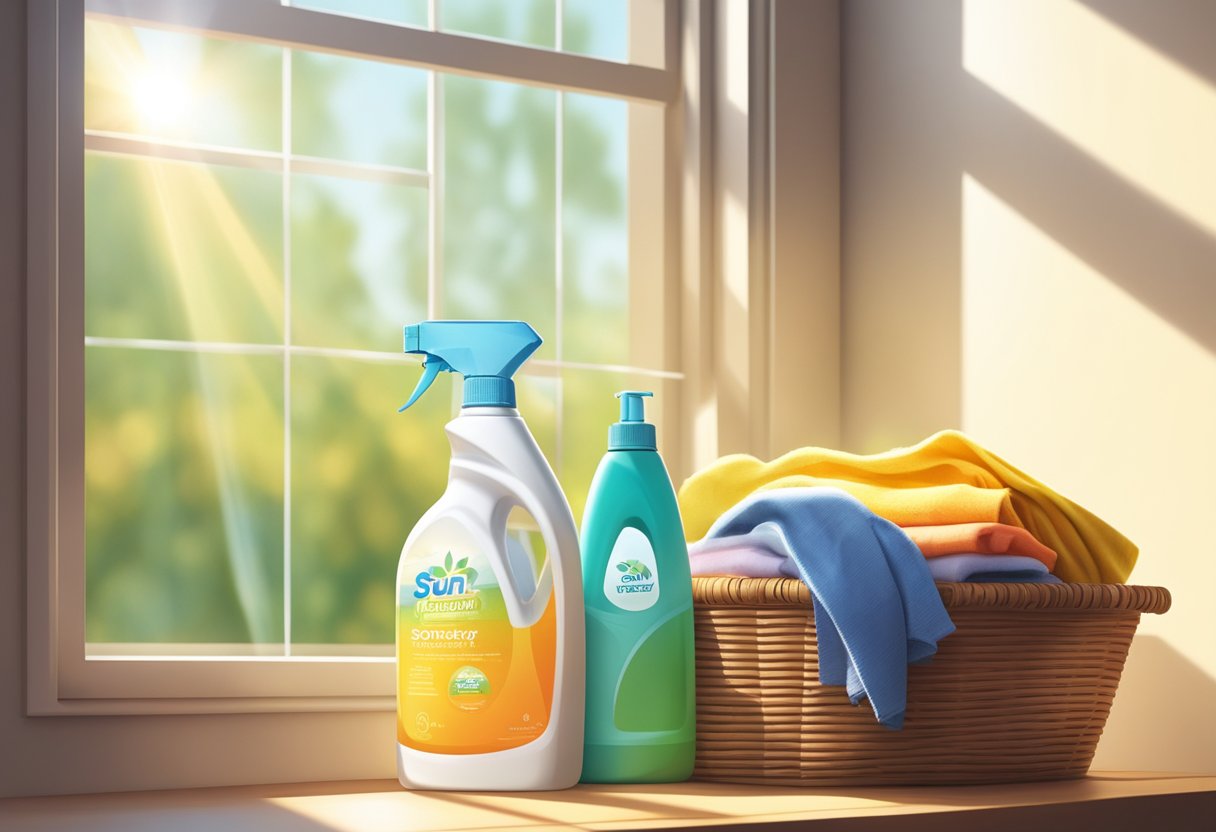 A clear, eco-friendly detergent bottle sits on a wooden shelf next to a basket of colorful, freshly washed clothes. The sun streams in from a nearby window, casting a warm glow over the scene