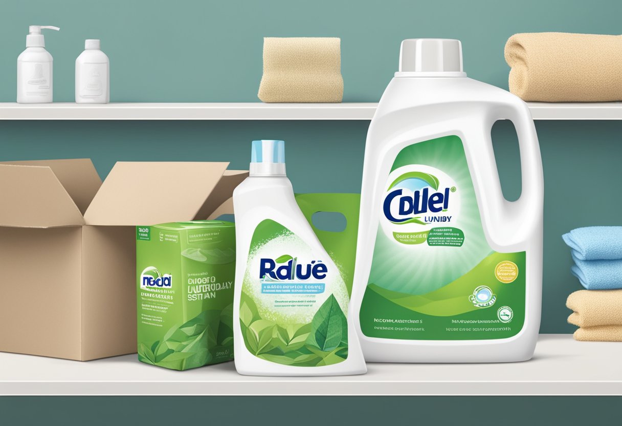 A bottle of eco-friendly laundry detergent sits on a shelf next to a box of biodegradable dryer sheets and a container of natural stain remover