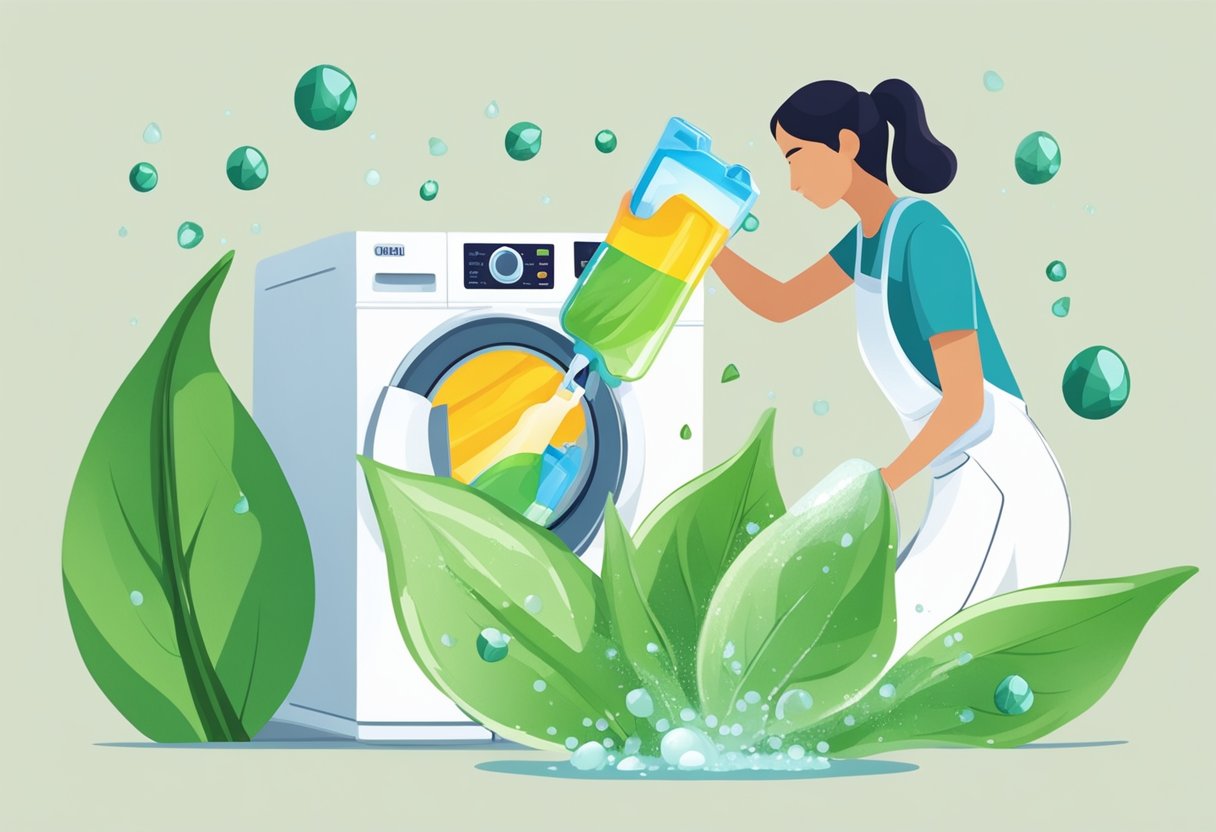 A person pouring eco-friendly laundry detergent into a washing machine, with a symbol of a leaf and water droplets representing its environmentally friendly and safe qualities