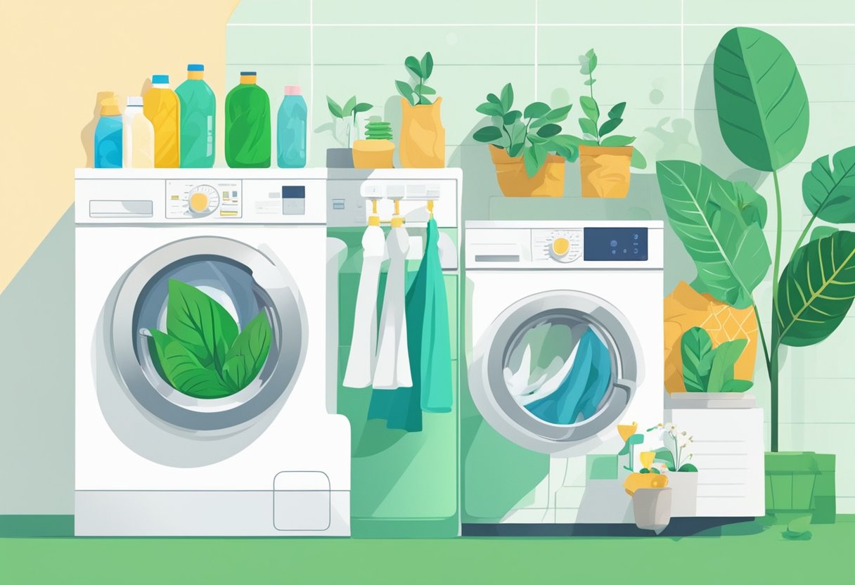 A hand pours eco-friendly detergent into a washing machine. The detergent bottle features a green, leafy design, and the washer is filled with colorful, sustainably produced clothing