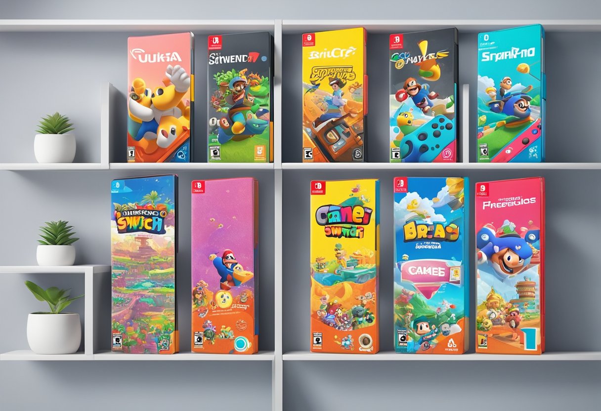 A colorful display of 8 popular Nintendo Switch game cases arranged in a neat row on a sleek, modern shelf, with vibrant game artwork and logos visible