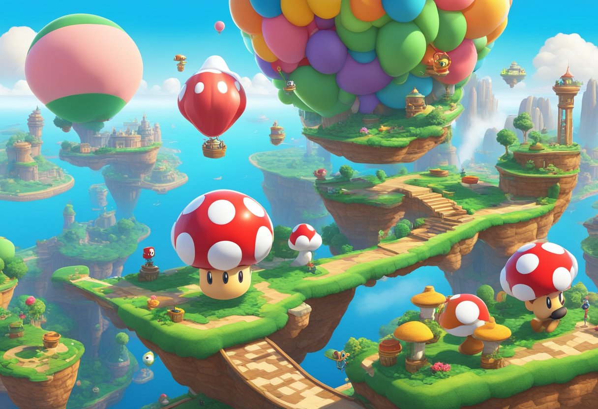 A colorful, whimsical world with floating platforms, vibrant landscapes, and iconic game elements from Super Mario Odyssey