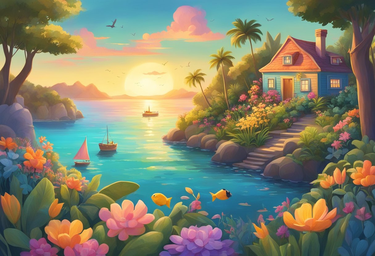 A colorful island with anthropomorphic animals, vibrant flora, and cozy homes. A character tends to their garden, while others fish and chat. The sun sets behind a peaceful ocean