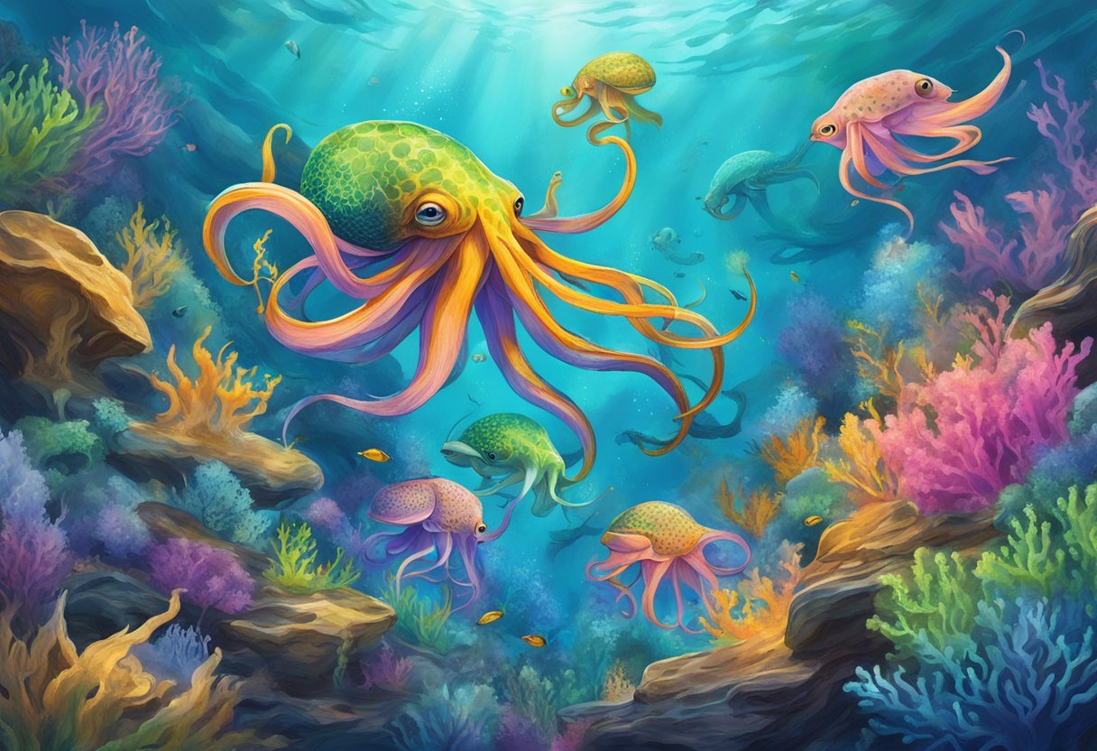 A colorful underwater battle scene with squid-like creatures using ink to cover the environment in vibrant colors