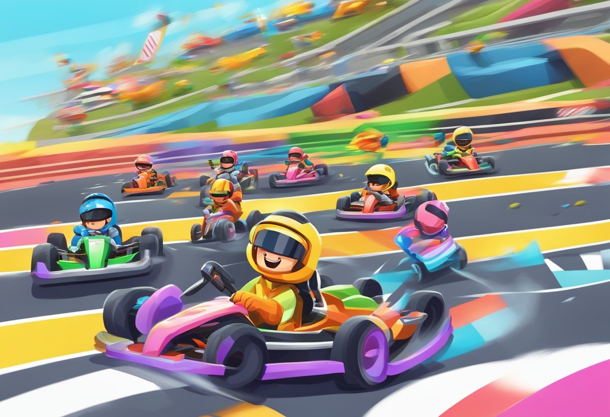 A colorful, high-speed race track with various obstacles and power-ups scattered throughout. Bright, dynamic characters in go-karts zoom around the track, dodging hazards and vying for first place