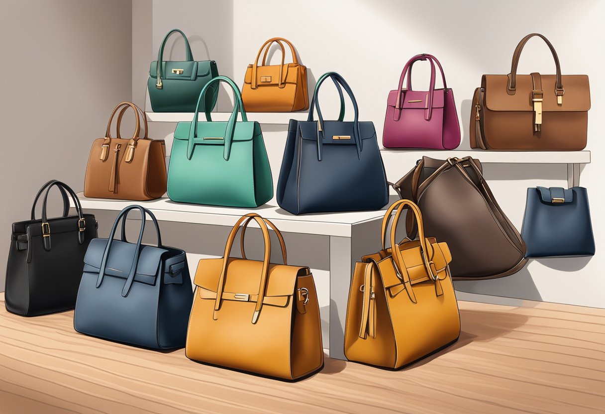 A collection of vegan leather bags displayed on a sleek, modern shelf in a well-lit boutique setting