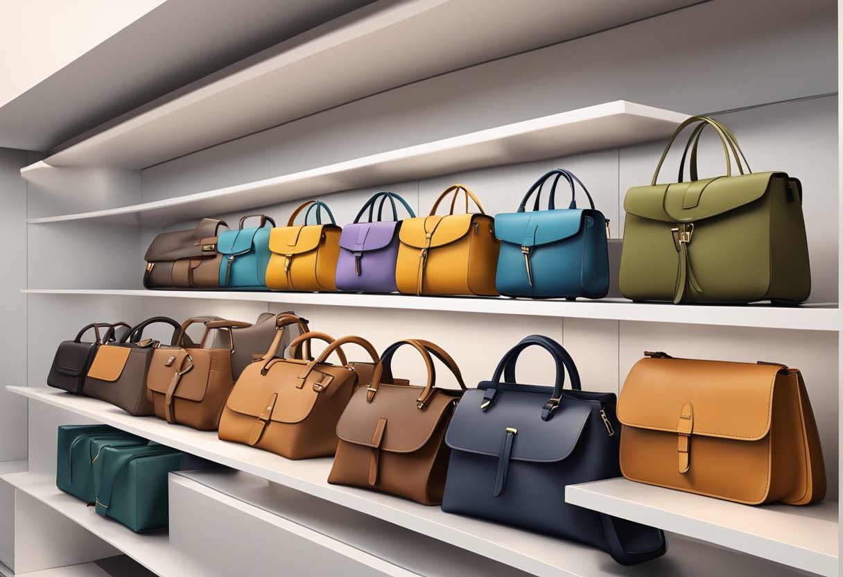 A collection of vegan leather bags arranged on a sleek, modern display shelf, with various styles and colors showcased